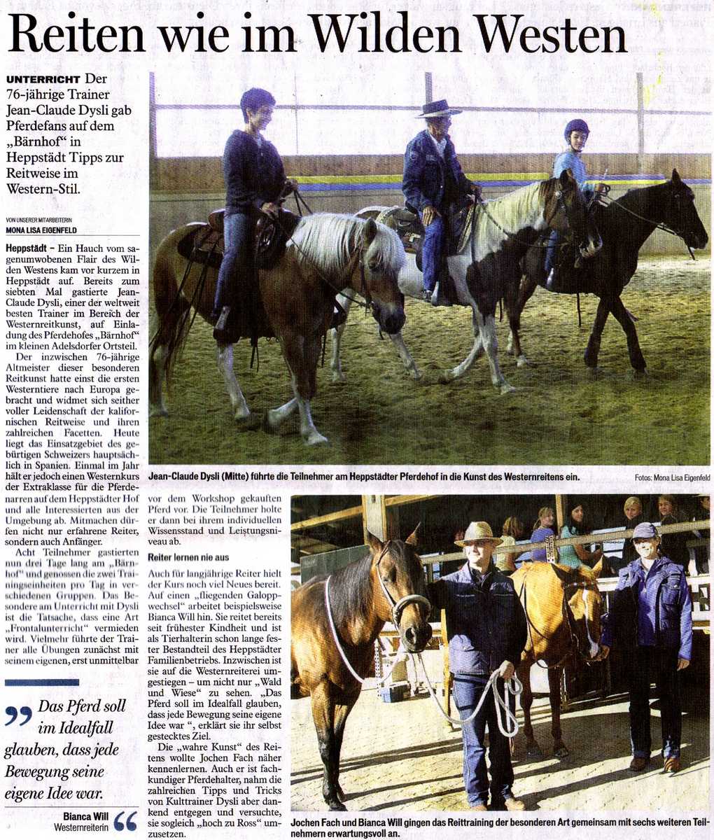Zeitungsartikel vom 13.09.2012 zum Reitkurs von Jean-Claude Dysli